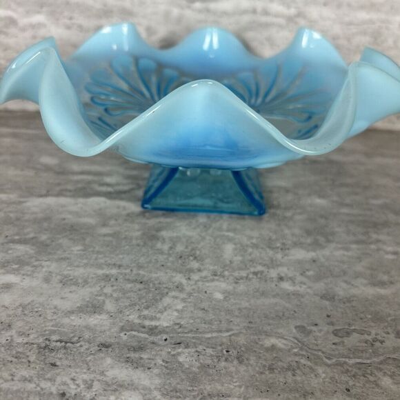 Northwood Blue Opalescent Ruffled Candy‎ Dish Shell Design Square Pedestal Base - Picture 6 of 16